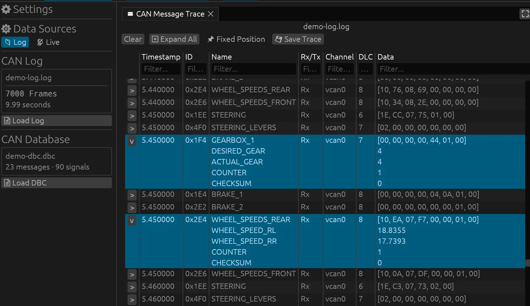 Loaded CAN log in message view.